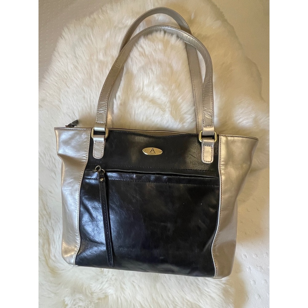 Aurielle‎ Genuine Leather Tote Bag Black Silver Metallic Large Shoulder Handbag
